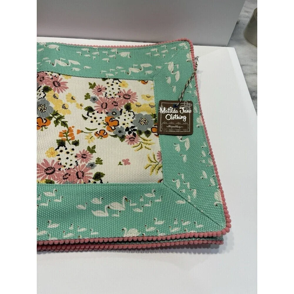 Matilda Jane Feathered Friend Table Runner Floral Aqua Stipe 88” X 13.5” Cotton